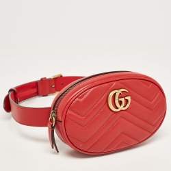 Pre Owned Gucci Red Matelassé Leather GG Marmont Belt Bag
