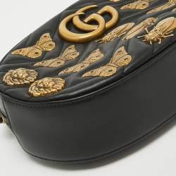 Pre Owned Gucci Black Matelassé Leather GG Marmont Animal Stud Belt Bag