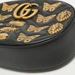 Pre Owned Gucci Black Matelassé Leather GG Marmont Animal Stud Belt Bag