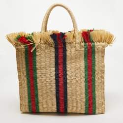 Gucci Natural/Multicolor Woven Straw Cestino Tote