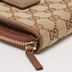 Gucci Brown/Beige GG Canvas Leather Zip Around Compact Wallet