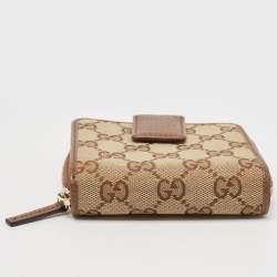 Gucci Brown/Beige GG Canvas Leather Zip Around Compact Wallet