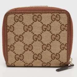 Gucci Brown/Beige GG Canvas Leather Zip Around Compact Wallet