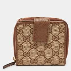 Gucci Brown/Beige GG Canvas Leather Zip Around Compact Wallet