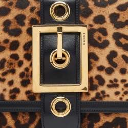 Pre Owned Gucci Brown/Black Leopard Print Calfhair and Leather Lady Buckle Clutch
