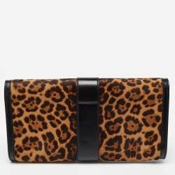 Pre Owned Gucci Brown/Black Leopard Print Calfhair and Leather Lady Buckle Clutch