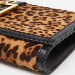 Pre Owned Gucci Brown/Black Leopard Print Calfhair and Leather Lady Buckle Clutch