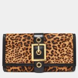 Pre Owned Gucci Brown/Black Leopard Print Calfhair and Leather Lady Buckle Clutch