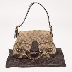 Pre Owned Gucci Ebony/Beige GG Canvas and Leather Horsebit Shoulder Bag