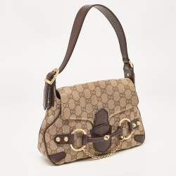 Pre Owned Gucci Ebony/Beige GG Canvas and Leather Horsebit Shoulder Bag