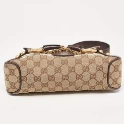 Pre Owned Gucci Ebony/Beige GG Canvas and Leather Horsebit Shoulder Bag