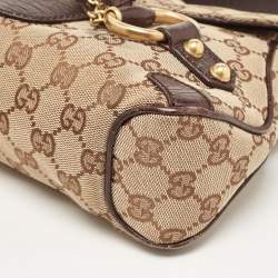 Pre Owned Gucci Ebony/Beige GG Canvas and Leather Horsebit Shoulder Bag