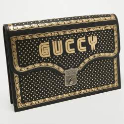 Gucci Black/Gold Leather Printed GUCCY Portfolio Clutch 