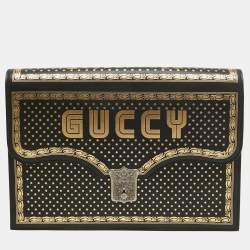 Gucci Black/Gold Leather Printed GUCCY Portfolio Clutch 