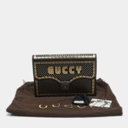 Gucci Black/Gold Leather Printed GUCCY Portfolio Clutch 