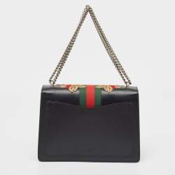 Gucci Black Leather Medium Embroidered Web Dionysus Shoulder Bag