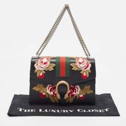 Gucci Black Leather Medium Embroidered Web Dionysus Shoulder Bag