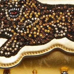 Gucci Gold Leather Embroidered Tiger Crystal Studded Chain Clutch