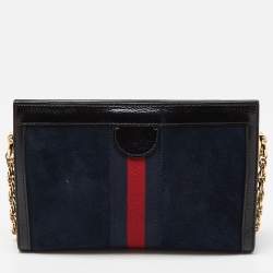 Pre Owned Gucci Blue/Black Suede andLeather Ophidia Chain Bag