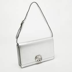 Pre Owned Gucci Silver Leather Crystal Embellished Broadway Shoulder Bag