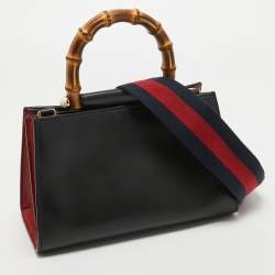 Pre Owned Gucci Black Smooth Leather Mini Nymphaea Bamboo Top Handle Bag