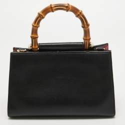 Pre Owned Gucci Black Smooth Leather Mini Nymphaea Bamboo Top Handle Bag