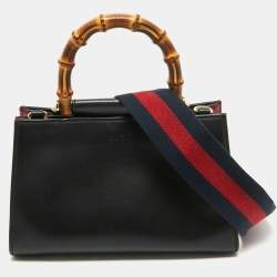 Pre Owned Gucci Black Smooth Leather Mini Nymphaea Bamboo Top Handle Bag