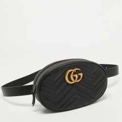 Pre Owned Gucci Black Matelassé Leather GG Marmont Belt Bag