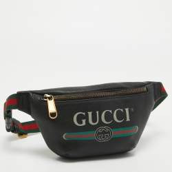 Pre Owned Gucci Black Leather Logo Web Belt Bag
