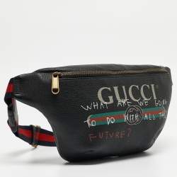 Pre Owned Gucci Black Pebbled Leather Logo Web Belt Bag