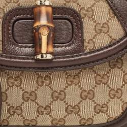 Pre Owned Gucci Beige/Brown GG Canvas and Leather Tassel New Bamboo Top Handle Bag