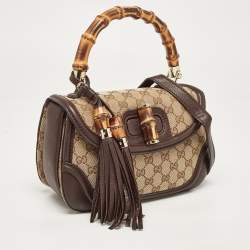 Pre Owned Gucci Beige/Brown GG Canvas and Leather Tassel New Bamboo Top Handle Bag
