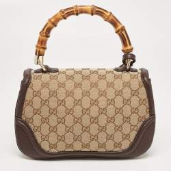 Pre Owned Gucci Beige/Brown GG Canvas and Leather Tassel New Bamboo Top Handle Bag