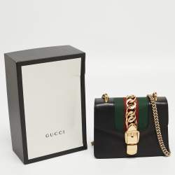 Pre Owned Gucci Black Leather Mini Web Chain Sylvie Crossbody Bag