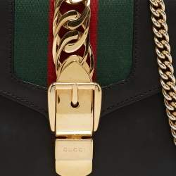 Pre Owned Gucci Black Leather Mini Web Chain Sylvie Crossbody Bag