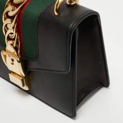 Pre Owned Gucci Black Leather Mini Web Chain Sylvie Crossbody Bag