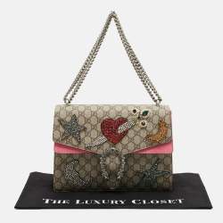 Gucci Beige GG Supreme Canvas and Suede Medium Dionysus Crystal Embellished Shoulder Bag