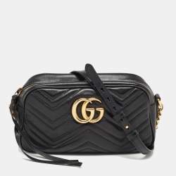 Pre Owned Gucci Black Matelassé Leather Small GG Marmont Shoulder Bag