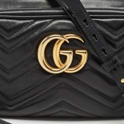 Pre Owned Gucci Black Matelassé Leather Small GG Marmont Shoulder Bag