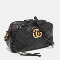 Pre Owned Gucci Black Matelassé Leather Small GG Marmont Shoulder Bag
