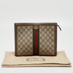 Pre Owned Gucci Brown/Beige GG Supreme and Leather Ophidia Pouch