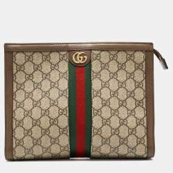 Pre Owned Gucci Brown/Beige GG Supreme and Leather Ophidia Pouch