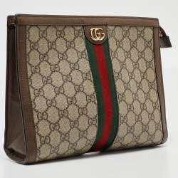Pre Owned Gucci Brown/Beige GG Supreme and Leather Ophidia Pouch