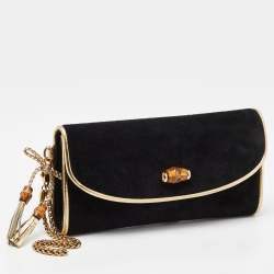 Pre Owned Gucci Black/Gold Suede Bamboo Wristlet Clutch
