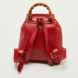 Pre Owned Gucci Red Leather Mini Vintage Bamboo Handle Backpack 