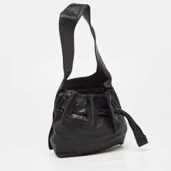 Pre Owned Gucci Black Leather Drawstring Hobo