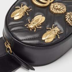 Pre Owned Gucci Black Matelassé Leather GG Marmont Animal Stud Belt Bag