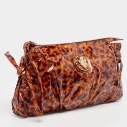 Pre Owned Gucci Brown Leopard Print Patent Leather Large Hysteria Clutch