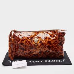 Pre Owned Gucci Brown Leopard Print Patent Leather Large Hysteria Clutch