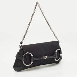 Pre Owned Gucci Black GG Canvas and Leather Horsebit Chain Clutch